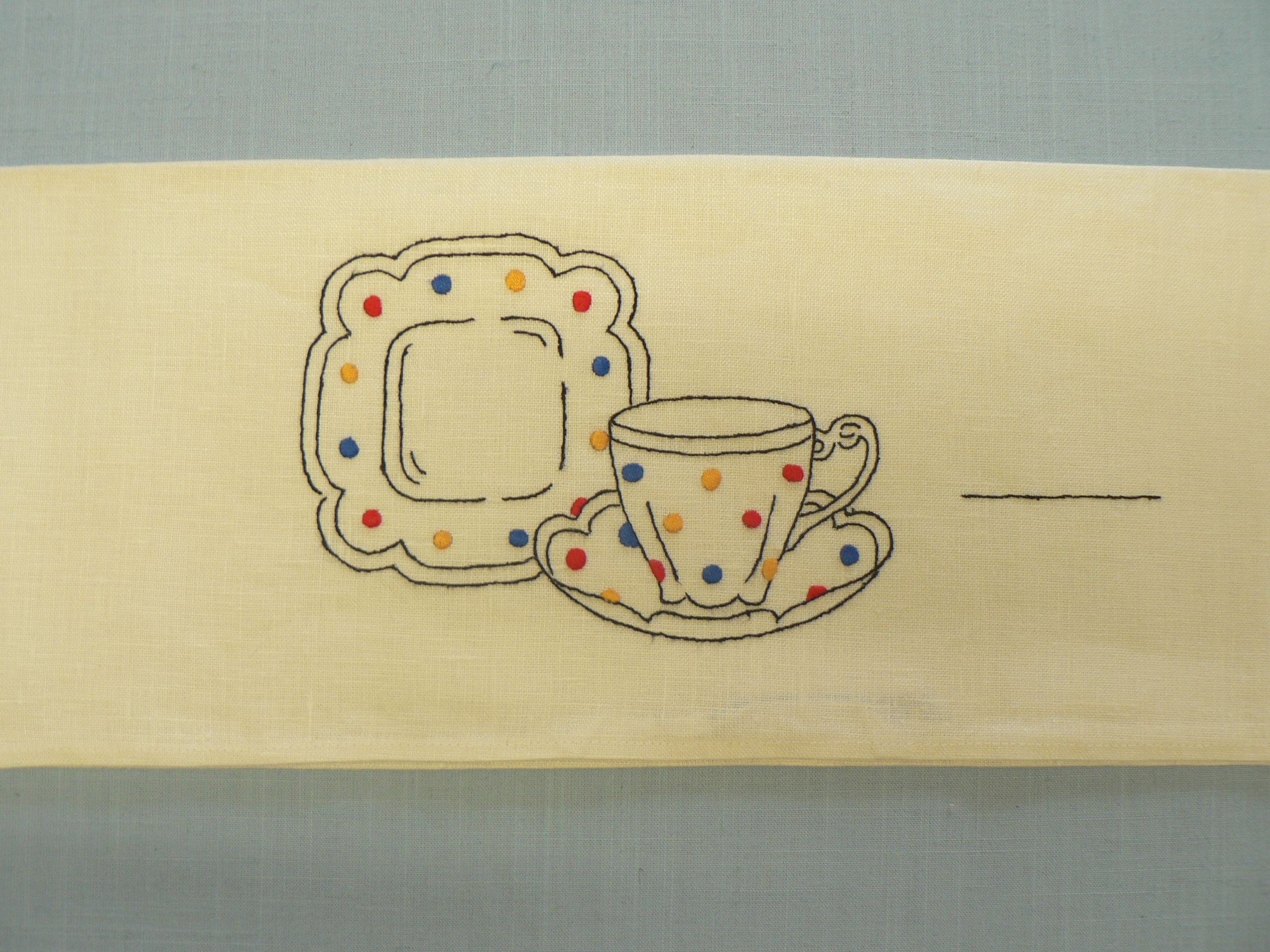 Tea Towel with Dots on Cup, Saucer and Plate